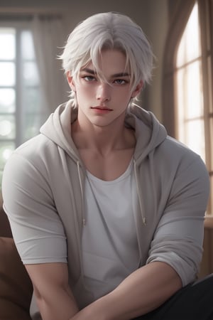 solo, long hair, looking at viewer, bangs, blue eyes, shirt, 1boy, hair between eyes, closed mouth, collarbone, jacket, white shirt, upper body, white hair, male focus, indoors, hood, long hair, blurry, lips, head tilt, pillow, grey eyes, window, hoodie, depth of field, blurry background, hood down, plant, curtains, beefcake, bodybuilder, muscular