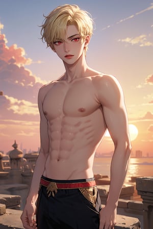 (masterpiece), (best quality), (8k), 1boy, (bishounen, twink, skinny:1.5), solo, male focus, (looking to the side:1.2), cowboy shot, (hands behind back:1.2), pale skin, (short hair, blonde hair:1.3), (red eyes:1.3), abs, pectorals, (Arabian clothes:1.4), pink lipstick, parted lips, neutral expression, (ancient Egypt, sunset), niji