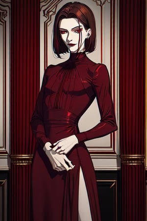 male eighteen. wearing a tight elegant long maroon dress with elegant medium long sleeves. he has brown hair in cut as bob. he has dark sea green eyes. he has crimson red lipstick on. he doesn't have any other makeup on. he is white.