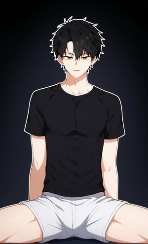 ((masterpiece)), ((best quality)), ((ultra-detailed)), score_9, score_8_up, score_7_up, HD, top quality, best quality, High-quality illustrations, masterpiece, Expressiveh, 1boy, solo, male focus, Anime, male anime character, anime boy,black t-shirt,white shorts,looking at viewer,simple_background,black background,outline,(white outline),smile,spread legs,carlian aslan,black hair,short hair,yellow eyes,bangs.