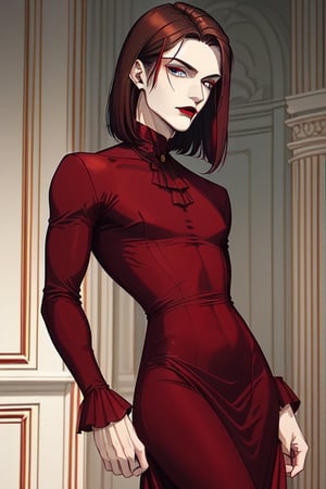 male eighteen. wearing a tight elegant long maroon dress with elegant medium long sleeves. he has brown hair in cut as bob. he has dark sea green eyes. he has crimson red lipstick on. he doesn't have any other makeup on. he is white.