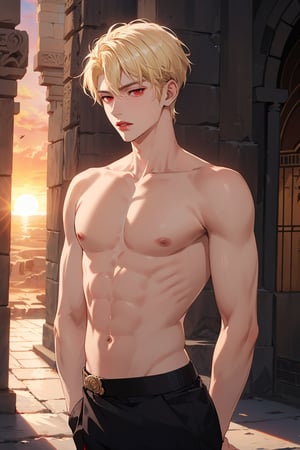 (masterpiece), (best quality), (8k), 1boy, (bishounen, twink, skinny:1.5), solo, male focus, (looking to the side:1.2), cowboy shot, (hands behind back:1.2), pale skin, (short hair, blonde hair:1.3), (red eyes:1.3), abs, pectorals, (Arabian clothes:1.4), pink lipstick, parted lips, neutral expression, (ancient Egypt, sunset), niji