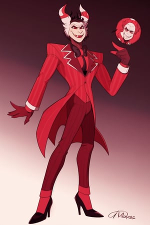 ((masterpiece, best quality)), 1boy, lucifer, full suit, cheeks, smile, thin, high heels, gloves, top hat, full body, beefcake, muscular