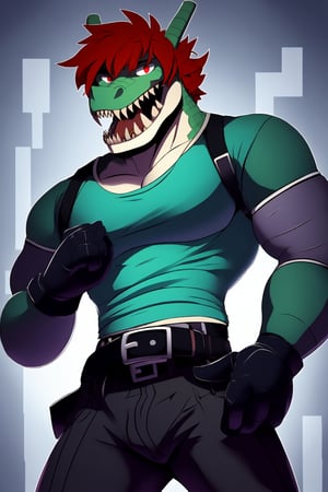 solo, looking at viewer, short hair, open mouth, shirt, red eyes, gloves, 1boy,, tail, male focus, red hair, , teeth, black gloves,  , belt, pants, colored skin, black pants, sharp teeth, scales_green,good_anatomy,Cyberpunk, meme,Pectoral Focus