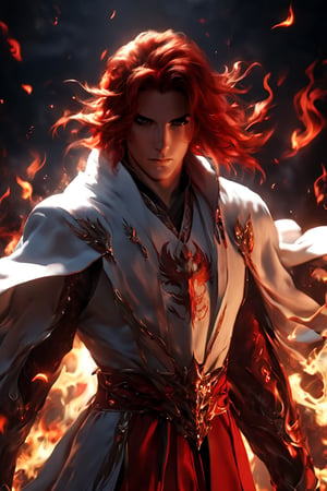 1boy, short korean hair, looking at viewer, bangs, long white sleeves. behind him there is flaming Phenix, hair between eyes, full lenght body, braid, red hair, wide sleeves, hollow, robe, red robe, shallows depth of field, dramatic light, perfect composition