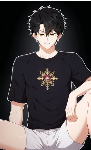 ((masterpiece)), ((best quality)), ((ultra-detailed)), score_9, score_8_up, score_7_up, HD, top quality, best quality, High-quality illustrations, masterpiece, Expressiveh, 1boy, solo, male focus, Anime, male anime character, anime boy,black t-shirt,white shorts,looking at viewer,simple_background,black background,outline,(white outline),smile,spread legs,carlian aslan,black hair,short hair,yellow eyes,bangs.