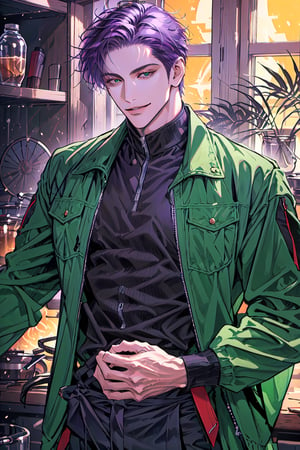 (cowboy_shot:1.1), 1boy, solo, adult, (mature:0.95), tall, handsome man, purple hair, sharp eyes, (smile:0.95), midjourney, green jacket, black pants, in the room, kitchen, modern,1boy