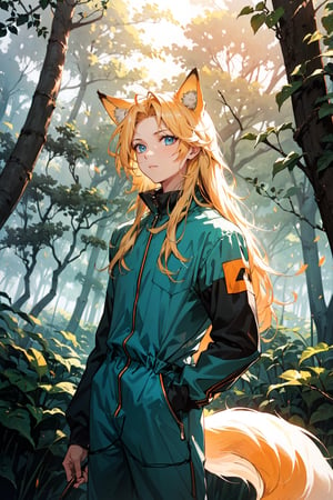 A cute boy with fox ears, long blond hair, blue eyes, wearing an orange jumpsuit in a daytime forest with great lighting 