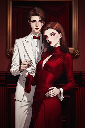 male eighteen. wearing a tight elegant long maroon dress with elegant medium long sleeves. he has brown hair in cut as bob. he has dark sea green eyes. he has crimson red lipstick on. he doesn't have any other makeup on. he is white.