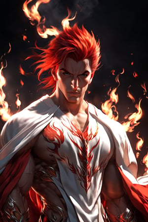 1boy, short korean hair, looking at viewer, bangs, long white sleeves. behind him there is flaming Phenix, hair between eyes, full lenght body, braid, red hair, wide sleeves, hollow, robe, red robe, shallows depth of field, dramatic light, perfect composition, beefcake, bodybuilder, muscular
