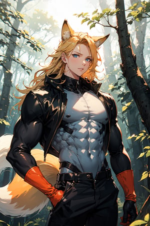 A cute verymuscular boy with fox ears, long blond hair, blue eyes, wearing an orange jumpsuit in a daytime forest with great lighting 