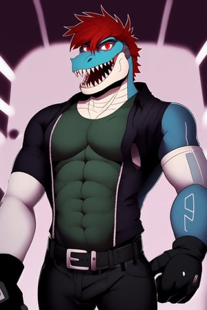 solo, looking at viewer, short hair, open mouth, shirt, red eyes, gloves, 1boy,, tail, male focus, red hair, , teeth, black gloves,  , belt, pants, colored skin, black pants, sharp teeth, scales_green,good_anatomy,Cyberpunk, meme,Pectoral Focus