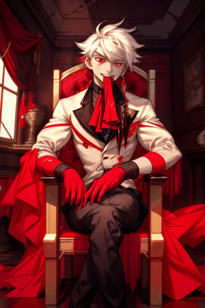 masterpiece,best quality,highly detailed character,8k,high quality, artwork,male feature,man with crimson red hair, red eyes, similar to Diluc Ragvindr from GENSHIN,in a room like a castle, sitting on a throne with his thoughts crossed, with his mouth open and vampire fangs from which blood drips ,1boy,Vampirism,Male focus,angeldust,spider