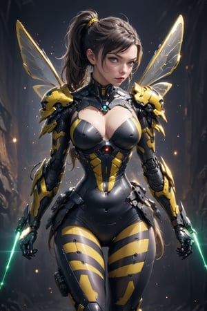 (science_fiction, sci_fi, cybertech:1.1), (sharp focus, atmospheric particles, flares, bokeh:1.1), (Natalie Dormer, Anya Taylor-Joy:1.1), (ponytail:1.1), (birthmarks:0.8), (huge breasts cleavage:1.2), (wide hips, thin waist, thick thigh gap:1.3), (meca, mecha, futuristic armor, cyberarmor, exoskeleton:1.3), (wasp armor, membranous wings, elytras:1.4), (black and yellow striped tights, horizontal stripes:1.4), (corset:0), (laser daggers, stings:1.3), (bikini, sexy latex suit:1.2), (NSFW, hentai, porn:0.7), 