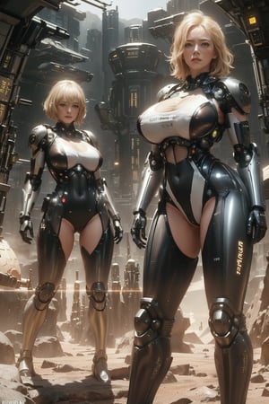 (science_fiction, sci_fi, cybertech), (sharp focus, atmospheric particles, flares, bokeh:1.1), angry girl, (Emma Stone, Tilda Swinton:1.2), (blonde, short messy hair), (huge breasts cleavage:1.2), (wide hips, thick thigh gap, cameltoe:1.3), (meca, mecha, futuristic armor, cybersuit:1.2), (space station:0), (alien planet, weird rock formations, desert:1.3), (direct lighting, dark, night:1.2), (NSFW, hentai, porn:1.3), 