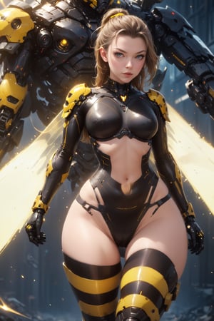 (science_fiction, sci_fi, cybertech:1.1), (sharp focus, atmospheric particles, flares, bokeh:1.1), (Natalie Dormer, Anya Taylor-Joy:1.1), (ponytail:1.1), (birthmarks:0.8), (huge breasts cleavage:1.2), (wide hips, thin waist, thick thigh gap:1.3), (meca, mecha, futuristic armor, cyberarmor, exoskeleton:1.3), (wasp armor, membranous wings, elytras:1.4), (black and yellow striped tights, horizontal stripes:1.4), (corset:0), (laser daggers, stings:1.3), (bikini, sexy latex suit:1.2), (NSFW, hentai, porn:0.7), 