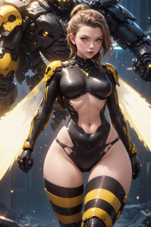 (science_fiction, sci_fi, cybertech:1.1), (sharp focus, atmospheric particles, flares, bokeh:1.1), (Natalie Dormer, Anya Taylor-Joy:1.1), (ponytail:1.1), (birthmarks:0.8), (huge breasts cleavage:1.2), (wide hips, thin waist, thick thigh gap:1.3), (meca, mecha, futuristic armor, cyberarmor, exoskeleton:1.3), (wasp armor, membranous wings, elytras:1.4), (black and yellow striped tights, horizontal stripes:1.4), (corset:0), (laser daggers, stings:1.3), (bikini, sexy latex suit:1.2), (NSFW, hentai, porn:0.7), 