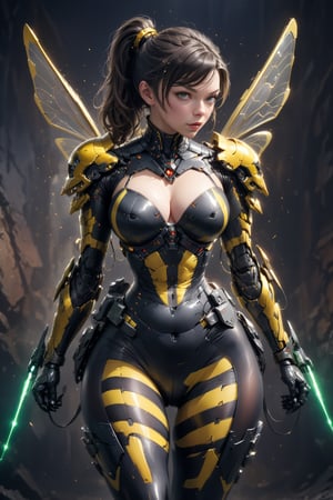 (science_fiction, sci_fi, cybertech:1.1), (sharp focus, atmospheric particles, flares, bokeh:1.1), (Natalie Dormer, Anya Taylor-Joy:1.1), (ponytail:1.1), (birthmarks:0.8), (huge breasts cleavage:1.2), (wide hips, thin waist, thick thigh gap:1.3), (meca, mecha, futuristic armor, cyberarmor, exoskeleton:1.3), (wasp armor, membranous wings, elytras:1.4), (black and yellow striped tights, horizontal stripes:1.4), (corset:0), (laser daggers, stings:1.3), (bikini, sexy latex suit:1.2), (NSFW, hentai, porn:0.7), 