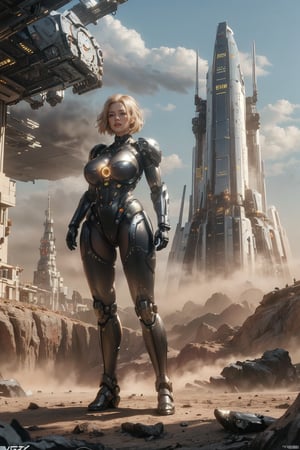 (science_fiction, sci_fi, cybertech), (sharp focus, atmospheric particles, flares, bokeh), angry girl, (Emma Stone, Tilda Swinton:1.1), (blonde, short messy hair), (huge breasts cleavage:1.2), (wide hips, thick thigh gap, cameltoe:1.3), (meca, mecha, futuristic armor, cybersuit:1.3), (space station:0), (alien planet, strange weird rock formations, desert:1.3), (direct lighting, dark, night:1.2), (NSFW, hentai, porn:0.7), (sitting on the ground, legs spread:1.2), 