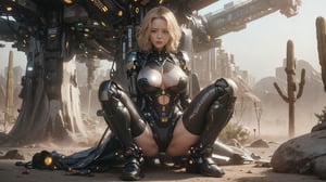 (science_fiction, sci_fi, cybertech), (sharp focus, atmospheric particles, flares, bokeh), angry girl, (Emma Stone, Tilda Swinton:1.1), (blonde, short messy hair), (huge breasts cleavage:1.2), (wide hips, thick thigh gap, cameltoe:1.3), (meca, mecha, futuristic armor, cybersuit:1.3), (space station:0), (alien planet, strange weird rock formations, desert:1.3), (direct lighting, dark, night:1.2), (NSFW, hentai, porn:1.2), (sitting on the ground, legs spread:1.2)