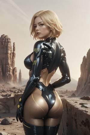 (science_fiction, sci_fi, cybertech), (sharp focus, atmospheric particles, flares, bokeh), angry girl, (Emma Stone, Tilda Swinton:1.1), (blonde, yellow hair), (short messy hair), (huge breasts cleavage:1.2), (sexy latex suit), (wide hips, thick thigh gap, cameltoe:1.3), (meca, mecha, futuristic armor, cybersuit), (space station:0), (alien planet, strange weird rock formations, desert:1.3), (direct lighting, dark, night:1.2), (NSFW, hentai, porn:1.2), (backview, fat ass:1.2)