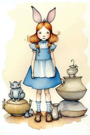 awkward but earnest young girl, Alice in wonderland theme, standing on a mushrums, cup of tea in hand in front, shoes cute, by tony diterlizzi, brian froud, abigail larson, golden color ratio, vivid color, he, dettailed, watercolor, ink line art, thick, textured acrylics, masterpiece, strbk style, cartoon proportions, exaggerated proportion,watercolor \(medium\),children's picture books,crayon painting,blush