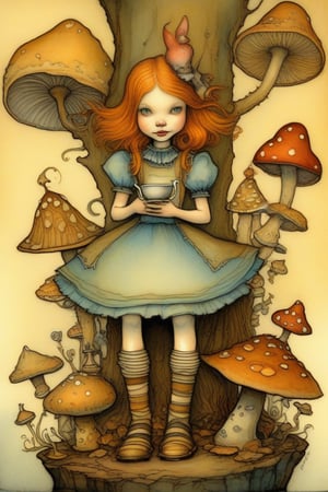 awkward but earnest young girl, Alice in wonderland theme, standing on a mushrums, cup of tea in hand in front, shoes cute, by tony diterlizzi, brian froud, abigail larson, golden color ratio, vivid color, he, dettailed, watercolor, ink line art, thick, textured acrylics, masterpiece, strbk style, cartoon proportions, exaggerated proportion