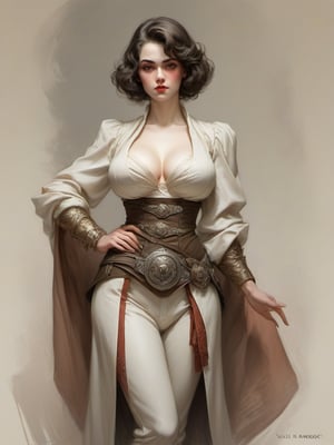 Dnd style, 2d illustration, Dnd female human, character, full-body, dynamic pose, standing ,HD, detailed perfect face, full view, UHD, masterpiece, neutral background, front view by painted by, Louis Icart, Valentin Serov, Coby Whitmore, Viktor Vasnetsov, Alois Arnegger Marquez, JC Leyendecker