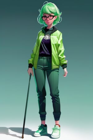 Illustration, videogame concept art style, d and D style, female character full-body,pink mid coat,glasses, green hair,short bang, black sweeter, white jeans, standing  pose, holding a staff with hands together, Anatomically correct , shoes on ground, 
Art by Ilya Kuvshinov, Monge, Bowater, Fernanda Suarez, Clint Cearley, Brian Kesinger, Zac Retz, Carl Larsson. High definition, high resolution,sharp focus, best quality, masterpiece,,  perfect anatomy, divine presence, unforgettable, impressive, breathtaking beauty