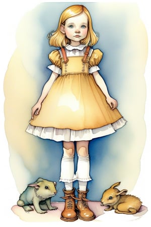 awkward but earnest young girl, Alice in wonderland theme, standing on a mushrums, cup of tea in hand in front, shoes cute, by tony diterlizzi, brian froud, abigail larson, golden color ratio, vivid color, he, dettailed, watercolor, ink line art, thick, textured acrylics, masterpiece, strbk style, cartoon proportions, exaggerated proportion,watercolor \(medium\),children's picture books,crayon painting,blush