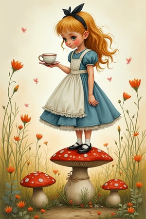 awkward but earnest young girl, Alice in wonderland theme, standing on a mushrums, cup of tea in hand in front, shoes cute, by tony diterlizzi, brian froud, abigail larson, golden color ratio, vivid color, he, dettailed, watercolor, ink line art, thick, textured acrylics, masterpiece, strbk style, cartoon proportions, exaggerated proportion