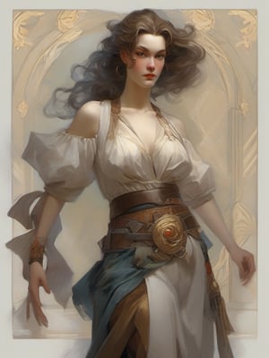 Dnd style, 2d illustration, Dnd female human, character, full-body, dynamic pose, standing ,HD, detailed perfect face, full view, UHD, masterpiece, neutral background, front view by painted by, Louis Icart, Valentin Serov, Coby Whitmore, Viktor Vasnetsov, Alois Arnegger Marquez, JC Leyendecker