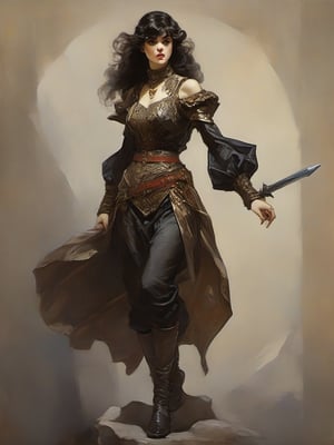 Dnd style, 2d illustration, Dnd female human, character, full-body, dynamic pose, standing ,HD, detailed perfect face, full view, UHD, masterpiece, neutral background, front view by painted by, Louis Icart, Valentin Serov, Coby Whitmore, Viktor Vasnetsov, Alois Arnegger Marquez, JC Leyendecker