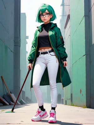 2d Illustration, full-body,anime, videogame concept art, anime style, d and D style,, female character full-body, mid jacket,and glasses, green hair,short bang, pink coat,
 white jeans,, standing pose , Dynamic  pose, holding a staff with the hands in front of her, 
Anatomically correct , shoes on ground, 
Art by Ilya Kuvshinov, Monge, Bowater, Fernanda Suarez, Clint Cearley, Brian Kesinger, Zac Retz, Carl Larsson.
  High definition, high resolution,sharp focus, best quality, masterpiece, post-processing,  breathtaking beauty, pure perfection,  perfect anatomy, divine presence, unforgettable, impressive, breathtaking beauty, 