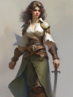 Dnd style, 2d illustration, Dnd female human, character, full-body, dynamic pose, standing ,HD, detailed perfect face, full view, UHD, masterpiece, neutral background, front view by painted by, Louis Icart, Valentin Serov, Coby Whitmore, Viktor Vasnetsov, Alois Arnegger Marquez, JC Leyendecker