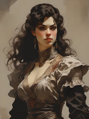 Dnd style, 2d illustration, Dnd female human, character, full-body, dynamic pose, standing ,HD, detailed perfect face, full view, UHD, masterpiece, neutral background, front view by painted by, Louis Icart, Valentin Serov, Coby Whitmore, Viktor Vasnetsov, Alois Arnegger Marquez, JC Leyendecker