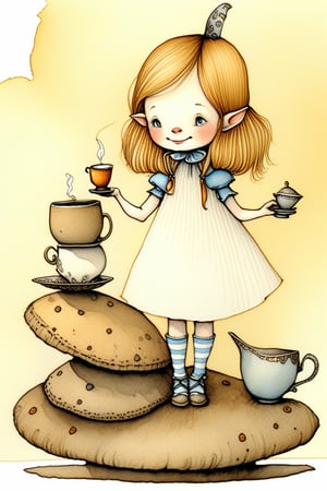 awkward but earnest young girl, Alice in wonderland theme, standing on a mushrums, cup of tea in hand in front, shoes cute, by tony diterlizzi, brian froud, abigail larson, golden color ratio,, hr, dettailed, ink line art, thick, textured acrylics, masterpiece, strbk style, cartoon proportions, exaggerated proportion,watercolor \(medium\),children's picture books,crayon painting,blush