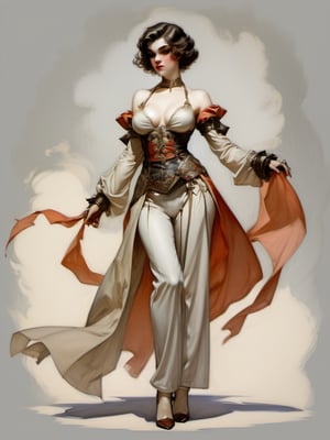 Dnd style, 2d illustration, Dnd female human, character, full-body, dynamic pose, standing ,HD, detailed perfect face, full view, UHD, masterpiece, neutral background, front view by painted by, Louis Icart, Valentin Serov, Coby Whitmore, Viktor Vasnetsov, Alois Arnegger Marquez, JC Leyendecker