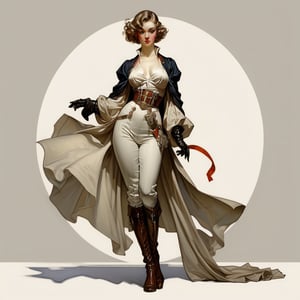 Dnd style, 2d illustration,  Dnd female human, character, full-body, dynamic pose, standing pose, HD, detailed, perfect face, full view, UHD, masterpiece, neutral background, front view by painted by, Louis Icart, Valentin Serov, Coby Whitmore, Viktor Vasnetsov, Alois Arnegger Marquez, JC Leyendecker