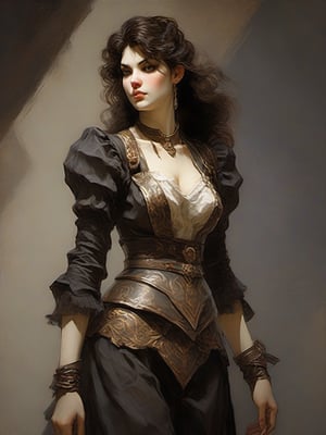 Dnd style, 2d illustration, Dnd female human, character, full-body, dynamic pose, standing ,HD, detailed perfect face, full view, UHD, masterpiece, neutral background, front view by painted by, Louis Icart, Valentin Serov, Coby Whitmore, Viktor Vasnetsov, Alois Arnegger Marquez, JC Leyendecker