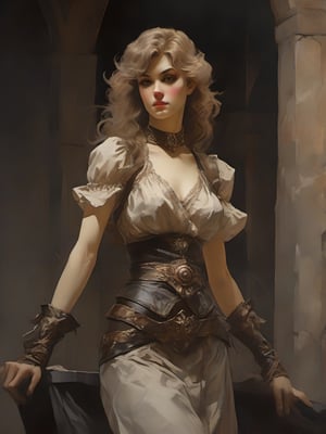 Dnd style, 2d illustration, Dnd female human, character, full-body, dynamic pose, standing ,HD, detailed perfect face, full view, UHD, masterpiece, neutral background, front view by painted by, Louis Icart, Valentin Serov, Coby Whitmore, Viktor Vasnetsov, Alois Arnegger Marquez, JC Leyendecker