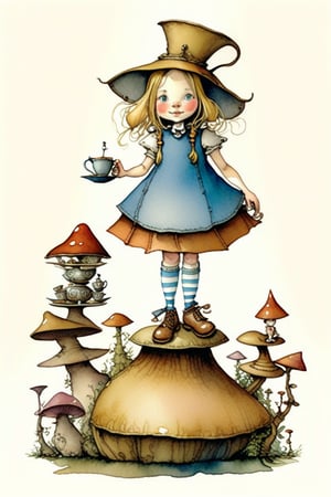 awkward but earnest young girl, Alice in wonderland theme, standing on a mushrums, cup of tea in hand in front, shoes cute, by tony diterlizzi, brian froud, abigail larson, golden color ratio, vivid color, he, dettailed, watercolor, ink line art, thick, textured acrylics, masterpiece, strbk style, cartoon proportions, exaggerated proportion,watercolor \(medium\),children's picture books,crayon painting,blush