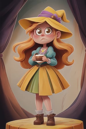 awkward but earnest young girl, Alice in wonderland theme, standing on a mushrums, cup of tea in hand in front, shoes cute, by tony diterlizzi, brian froud, abigail larson, golden color ratio, vivid color, he, dettailed, watercolor, ink line art, thick, textured acrylics, masterpiece, strbk style, cartoon proportions, exaggerated proportion