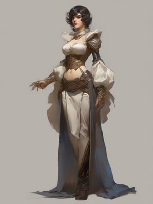 Dnd style, 2d illustration, Dnd female human, character, full-body, dynamic pose, standing ,HD, detailed perfect face, full view, UHD, masterpiece, neutral background, front view by painted by, Louis Icart, Valentin Serov, Coby Whitmore, Viktor Vasnetsov, Alois Arnegger Marquez, JC Leyendecker