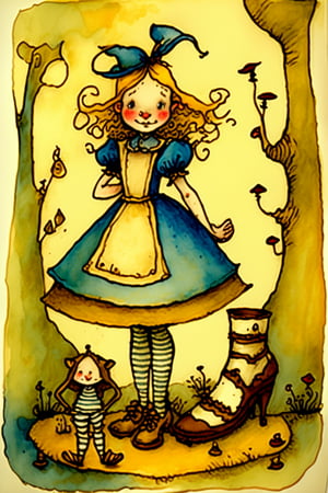 awkward but earnest young girl, Alice in wonderland theme, standing on a mushrums, cup of tea in hand in front, shoes cute, by tony diterlizzi, brian froud, abigail larson, golden color ratio, vivid color, he, dettailed, watercolor, ink line art, thick, textured acrylics, masterpiece, strbk style, cartoon proportions, exaggerated proportion