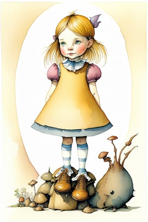 awkward but earnest young girl, Alice in wonderland theme, standing on a mushrums, cup of tea in hand in front, shoes cute, by tony diterlizzi, brian froud, abigail larson, golden color ratio, vivid color, he, dettailed, watercolor, ink line art, thick, textured acrylics, masterpiece, strbk style, cartoon proportions, exaggerated proportion,watercolor \(medium\),children's picture books,crayon painting,blush