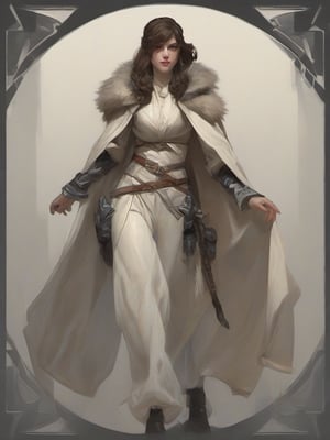 Dnd style, 2d illustration, Dnd female human, character, full-body, dynamic pose, standing ,HD, detailed perfect face, full view, UHD, masterpiece, neutral background, front view by painted by, Louis Icart, Valentin Serov, Coby Whitmore, Viktor Vasnetsov, Alois Arnegger Marquez, JC Leyendecker