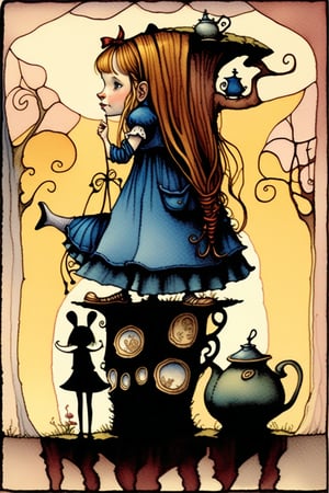 awkward but earnest young girl, Alice in wonderland theme, standing on a mushrums, cup of tea in hand in front, shoes cute, by tony diterlizzi, brian froud, abigail larson, golden color ratio, vivid color, he, dettailed, watercolor, ink line art, thick, textured acrylics, masterpiece, strbk style, cartoon proportions, exaggerated proportion,watercolor \(medium\)