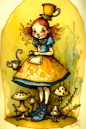 awkward but earnest young girl, Alice in wonderland theme, standing on a mushrums, cup of tea in hand in front, shoes cute, by tony diterlizzi, brian froud, abigail larson, golden color ratio, vivid color, he, dettailed, watercolor, ink line art, thick, textured acrylics, masterpiece, strbk style, cartoon proportions, exaggerated proportion