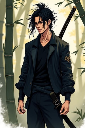 illustration art,ink chinese style,a hansome chinese man with long messy hair,wearing black shirt,black leather jacket,bring a long sword in his back,black sword cover,poster mood with dynamic pose,with bamboo leaf,bammboo forest background and smooky.